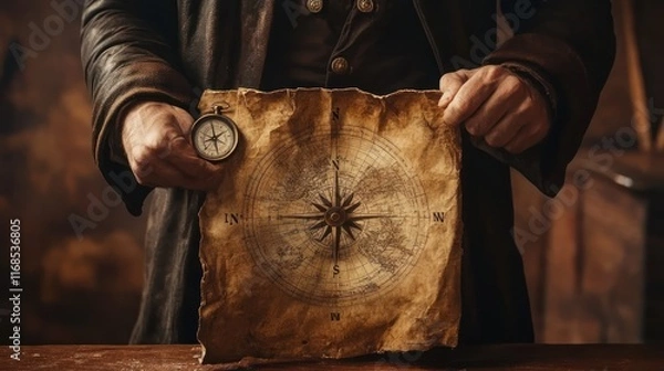 Fototapeta A man in period clothing holds an antique compass and map.