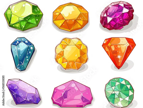 Fototapeta Nine colorful gemstones and diamonds in a fun cartoon style, great for game design. These vector assets are isolated on a white background, making them versatile for any project.