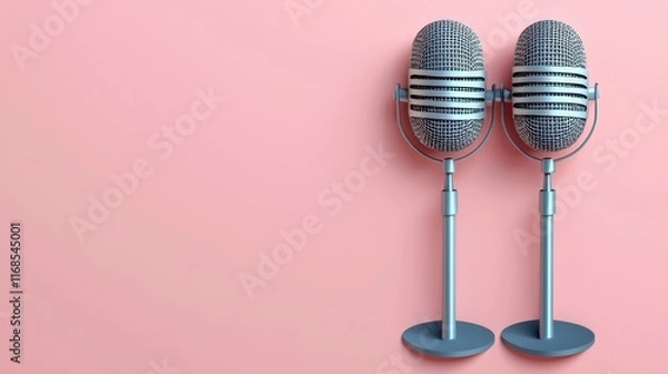 Fototapeta Vintage microphones on a pink background creating a retro aesthetic.