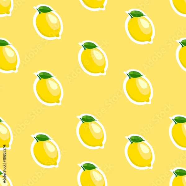 Obraz Pattern with lemon and leaves on yellow background.