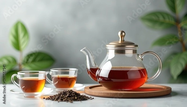 Fototapeta Mockup Tea Pot on white background with tea cups and loose leaf tea. Packaging template mockup