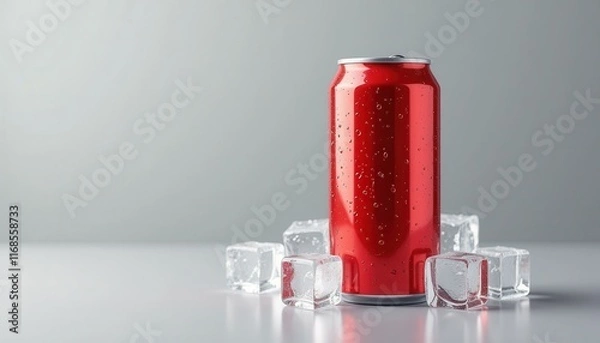 Fototapeta Mockup Soft Drink Can on white background with soda and ice cubes. Packaging template mockup