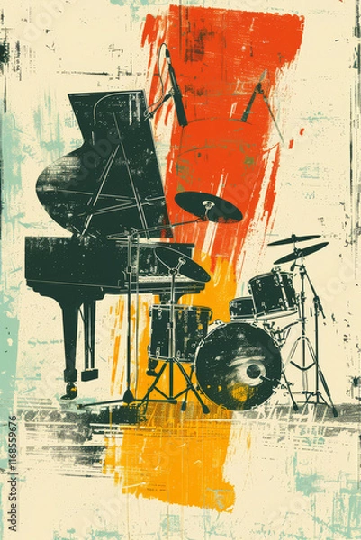 Obraz Explore the vibrant energy of jazz with an abstract artistic poster showcasing musical instruments and color.