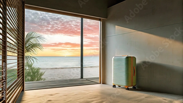 Obraz colored travel suitcase on wheels against a beach and a serene sea, tourism and vacation concept at sea, travel