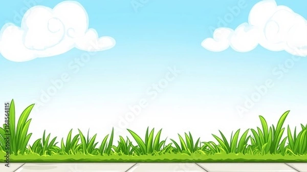 Fototapeta Bright and Vibrant Grass with a Clear Blue Sky and Fluffy Clouds in the Background