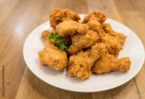 Fototapeta Fried chicken pieces on a white plate on a wooden surface