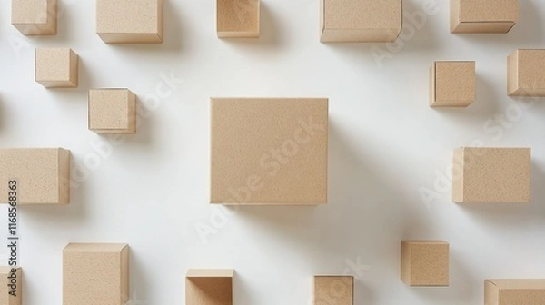Obraz A single medium-sized corrugated box surrounded by smaller boxes on a white background, creating a balanced and clean composition.
