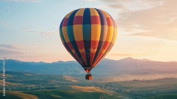 Fototapeta A vibrant hot air balloon soars over picturesque hills during a serene sunset, showcasing colorful patterns against a tranquil sky.