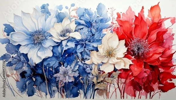 Fototapeta watercolor flowers set featuring hand-painted abstract botanical illustrations. This bundle showcases a variety of delicate floral designs, each rendered with artistic flair, isolated against a clean	