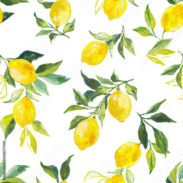 Obraz Beautiful seamless pattern with watercolor fresh lemons with leaves and flowers in sunny Mediterranean style. Ready summer print design for wallpapers, wrappings, textile.