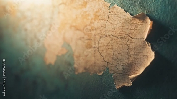 Fototapeta Torn map hanging on a peeling wall in an abandoned building showcasing decay and neglect.