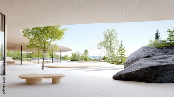 Fototapeta Modern architectural space with natural elements and greenery.