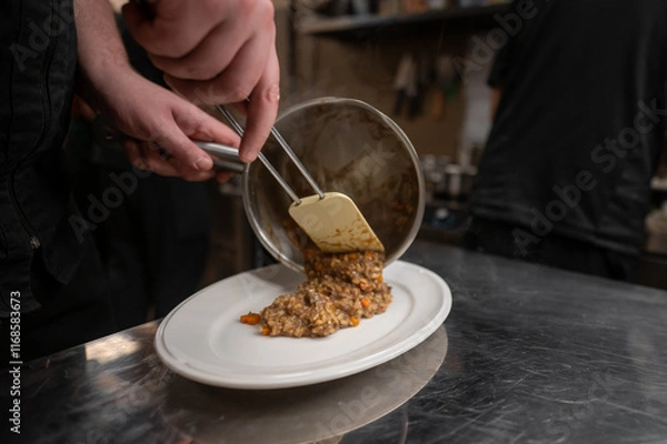Fototapeta A chef uses a spatula to serve a hearty dish of lentils and vegetables onto a white plate in a busy kitchen, showcasing culinary skills and fresh ingredients. Steam rises in the background.