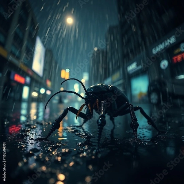 Fototapeta Surreal picture, a mechanical cockroach, on a city road. At night, in the rain. City buildings can be seen in the background.
