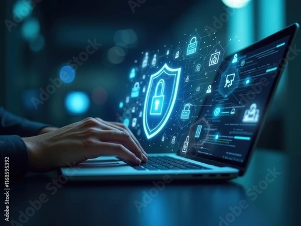 Fototapeta Closeup of hands typing on laptop with digital security icons in background during nighttime in modern workspace