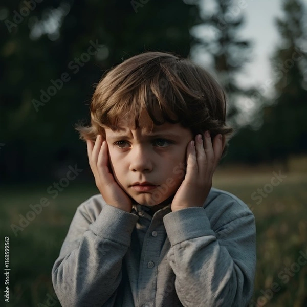 Obraz portrait of a boy covering his ears in fear