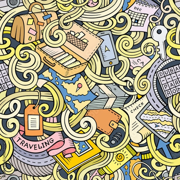 Fototapeta Cartoon doodles travel planning seamless pattern