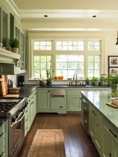 Fototapeta Sage Green Kitchen With Island And Large Window