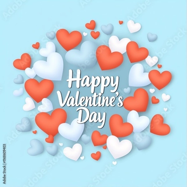 Fototapeta A colorful Valentine's Day greeting with red and white hearts on a blue background, perfect for celebrating love and affection