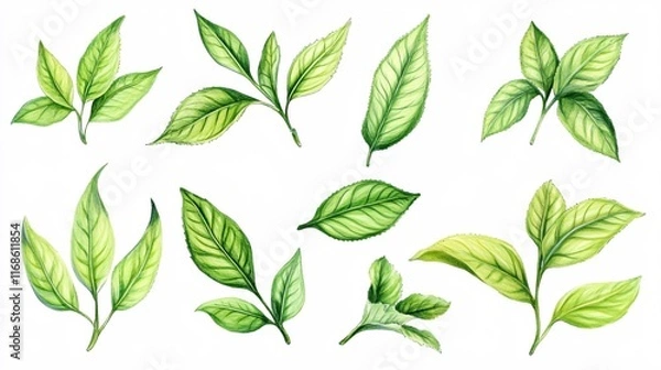 Fototapeta Collection of Hand-Drawn Green Leaves in Various Shapes and Textures for Design