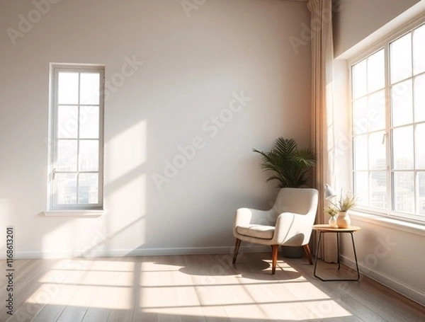 Fototapeta A tranquil minimalist room with sunlight streaming through the windows onto a wall, comfortable armchair, and stylish decor.