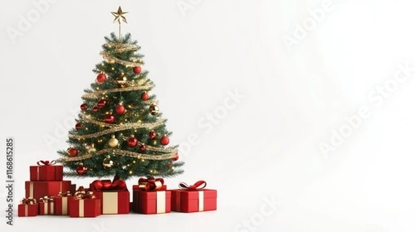 Fototapeta A festive New Year Christmas tree with presents under it, decorated with ribbons and sparkling ornaments, isolated on a clean white background.