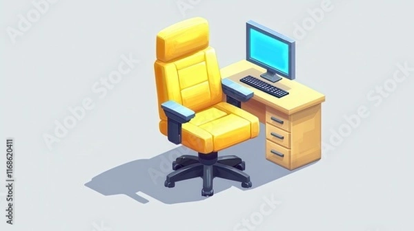 Obraz Modern Yellow Office Chair at Desk with Computer Isometric View Cartoon Style Illustration