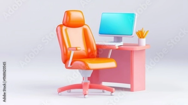 Obraz Modern Orange Office Chair at Pink Desk with Computer Pencils Cartoon Style