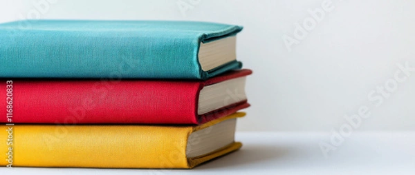 Fototapeta Stack of three colorful books on a white surface.