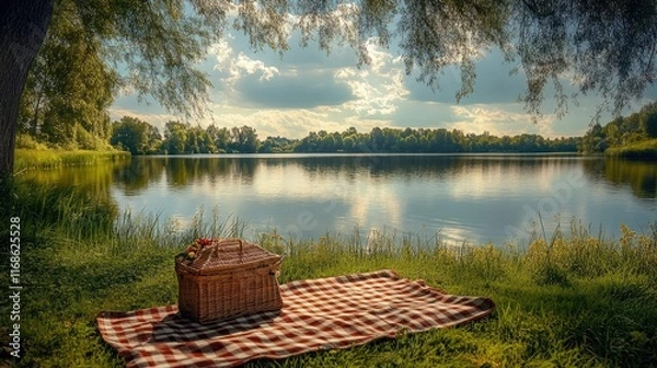 Fototapeta A scenic lakeside picnic spot with a checkered blanket, a wicker basket, and serene waters reflecting the sky and surrounding greenery.