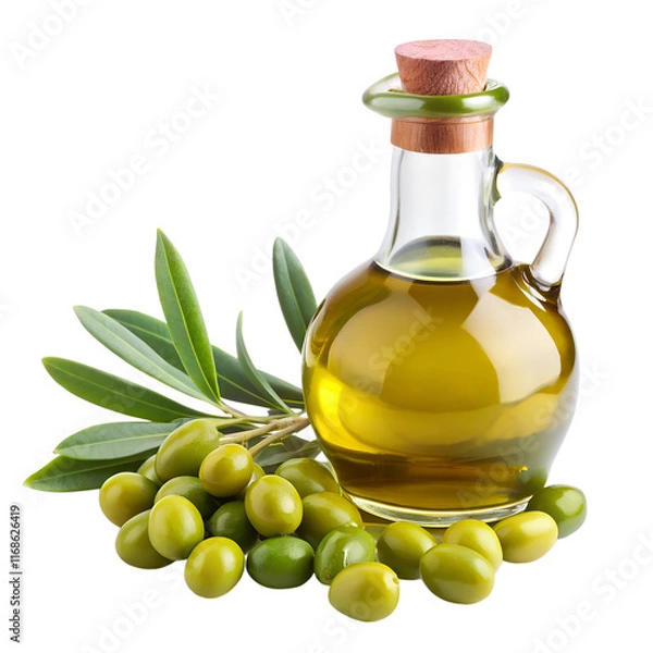 Obraz Bottle of olive oil with green olives isolated on transparent background
