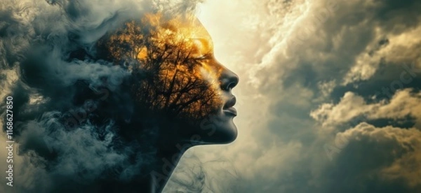 Fototapeta Surreal portrait of woman with nature and clouds merging, showcasing inner thoughts and emotions through vivid imagery of trees and smoke, copy space for text