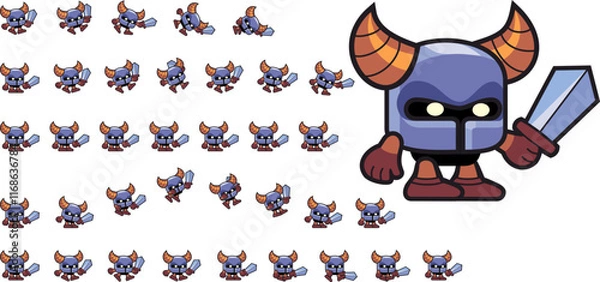 Fototapeta Vector editable cartoon character, funny knight in helmet with horns, armed with sword.  
Available for use in animation. Character for animation in shooter or fighting video games and  adventure game