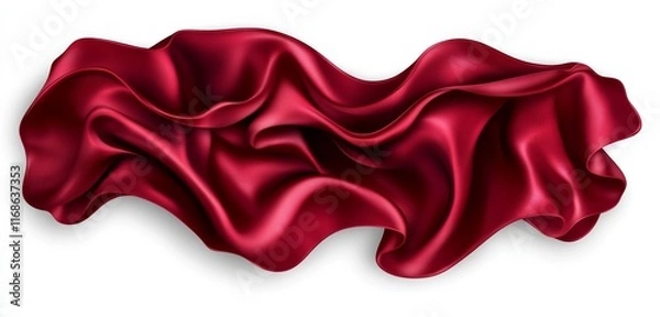 Fototapeta Draped red silk fabric with soft waves and folds on white background.