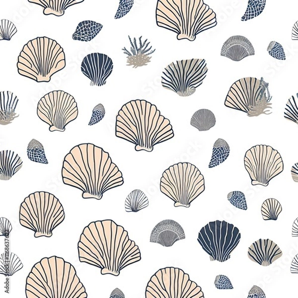 Fototapeta "Seamless Pattern of Hand-Drawn Seashells and Corals in Coastal Neutral Tones"