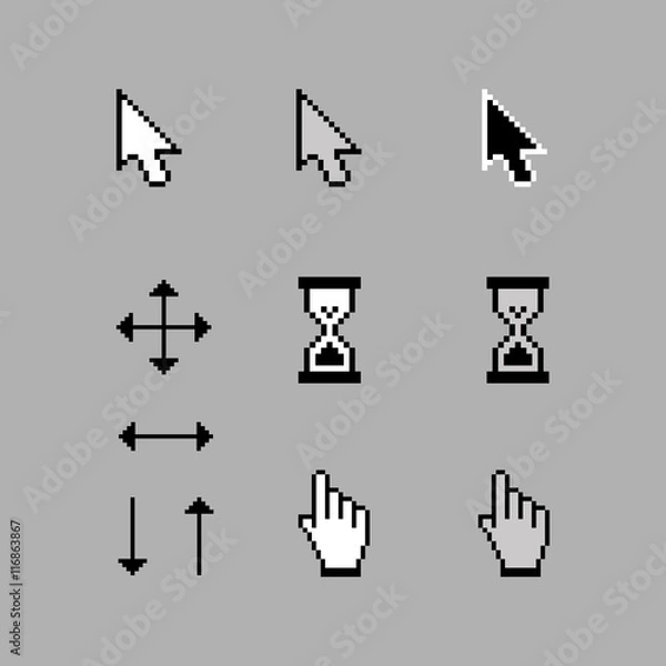 Fototapeta Set of pixel cursors icons: hand, hourglass, arrows. Isolated on light gray background. Vector Illustration.