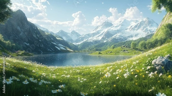 Obraz A stunning alpine landscape, green meadows sloping into a sparkling lake, framed by dramatic mountain ranges under a clear sky