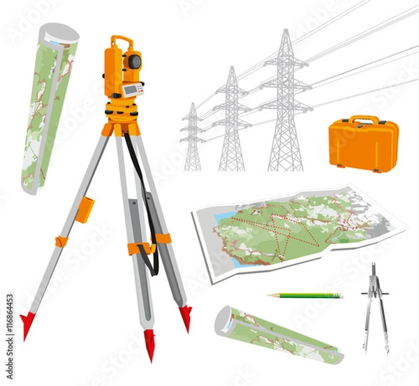Obraz Surveying instruments - theodolite with maps and compasses, pencil, power lines. Isolated vector set illustrations on white background. Vector illustration. eps 10.