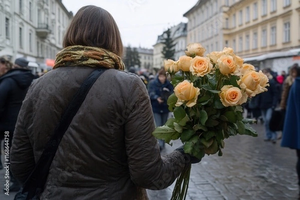 Obraz Woman Holding Bouquet of Yellow Roses in Bustling Urban Environment