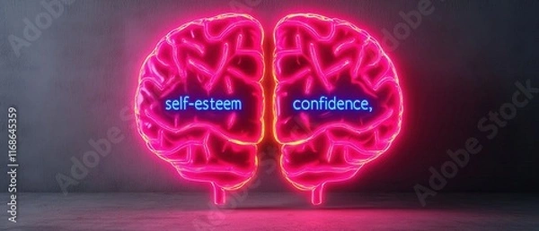 Fototapeta vibrant neon brain illustration representing self esteem and confidence, showcasing connection between mental health and positive emotions