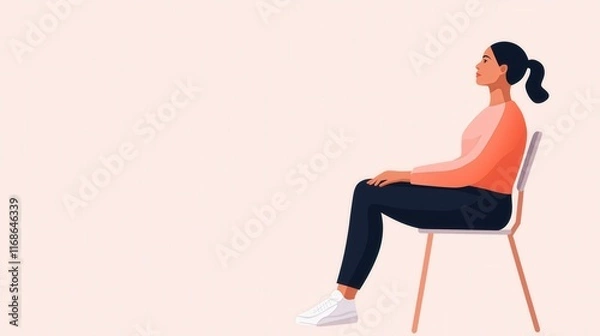 Obraz A flat graphic illustration of a woman seated on a chair with an upright posture, wearing a peach-colored top and dark pants, set against a clean light beige background, with copy space.