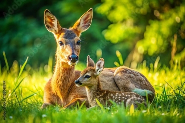 Fototapeta Aerial View of Roe Deer Doe with Fawn in Meadow - Capreolus capreolus