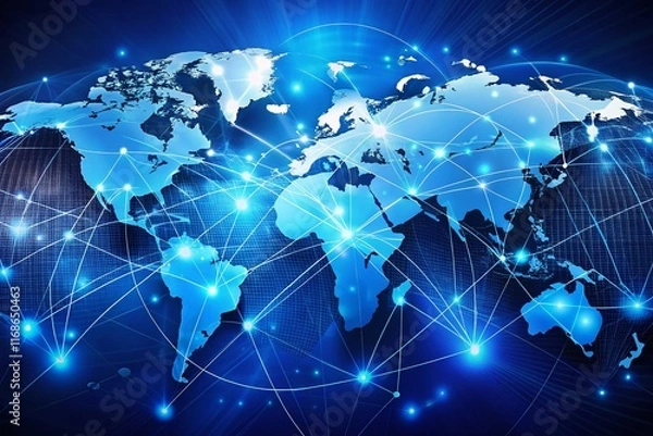 Fototapeta Global Network: Blue World Map with Digital Connections, Internet Technology, Worldwide Communication