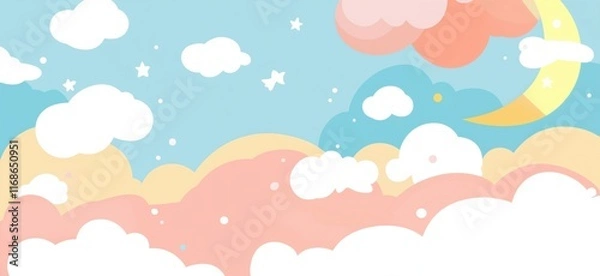 Fototapeta Dreamy pastel sky with fluffy clouds, stars, and crescent moon, vibrant colors create whimsical atmosphere, copy space for text