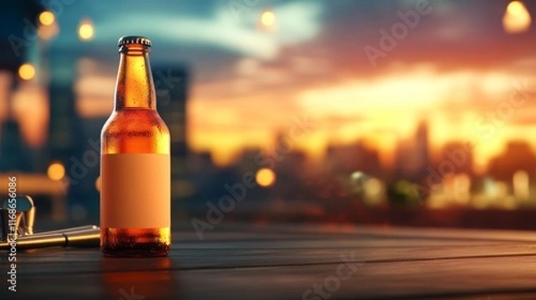Fototapeta Beer Bottle Mockup in an Urban Rooftop Bar. Generative AI
