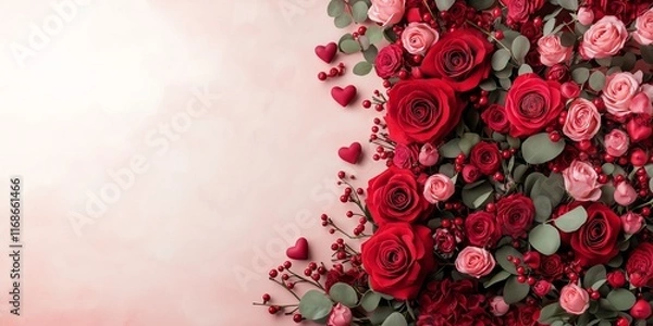 Obraz Beautiful arrangement of red and pink roses with lush green leaves and hearts on a soft pink background, perfect for romantic themes.