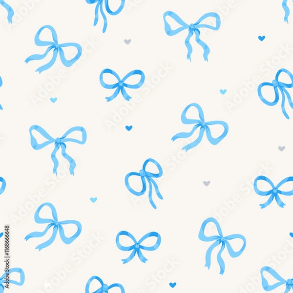Fototapeta Blue bows and hearts - coquette seamless vector pattern