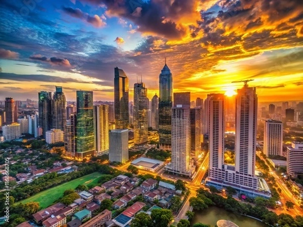 Fototapeta BGC Skyline at Golden Hour: Drone View of Manila's Modern Cityscape