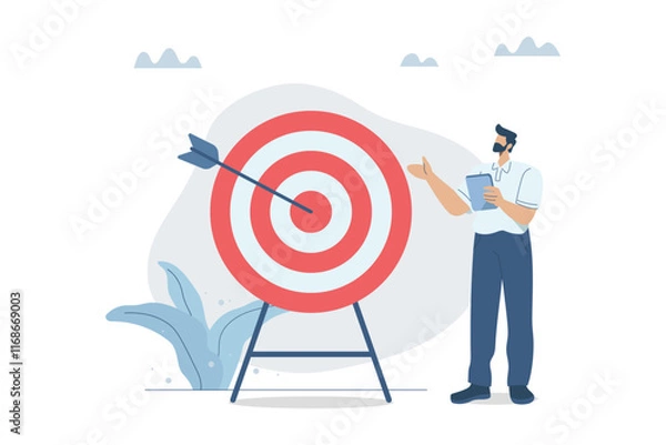 Fototapeta Setting important goals, Action plan or objective that inspires an organization or its employees to achieve their goals, Defining challenging business missions, Businessman with arrow at the target.