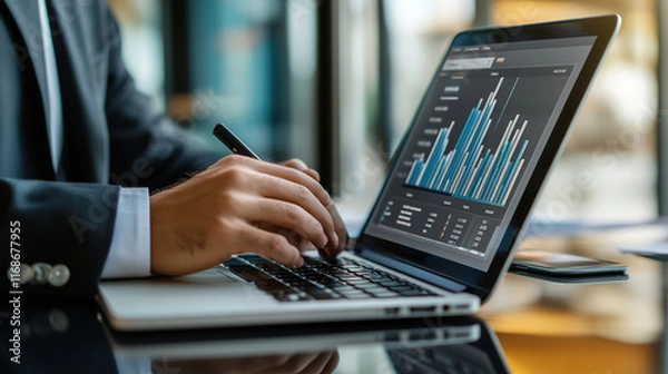 Obraz The stockbroker analyzes a schedule of expenses and profits. A businessman analyzes a schedule of business expenses.